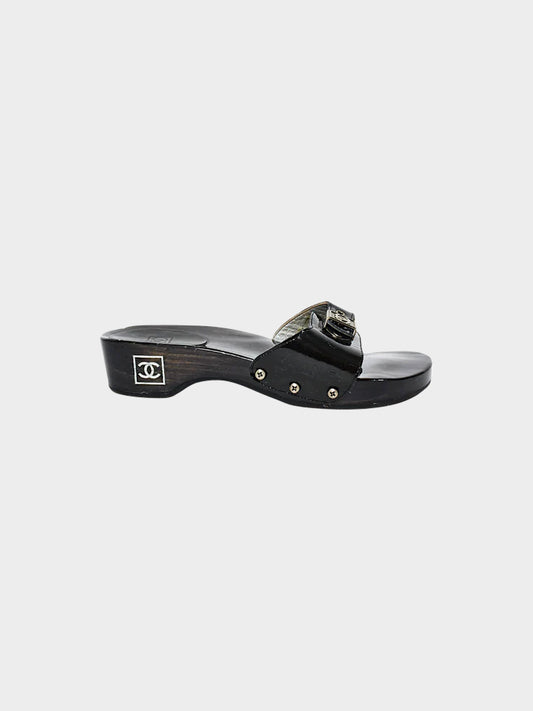Chanel 2004 Black Patent Leather and Lacquered Wood Clogs