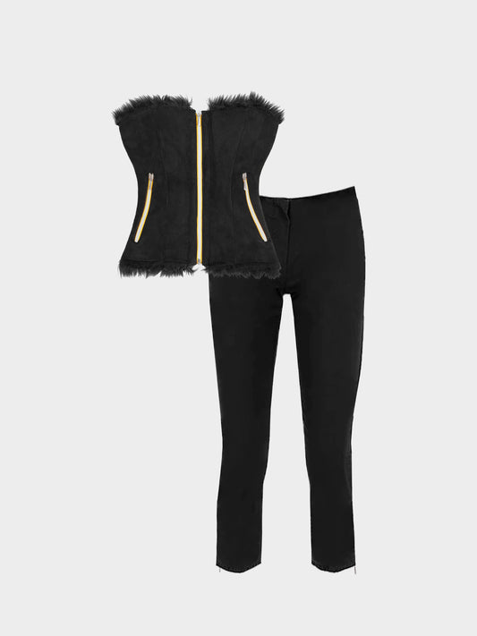 Miu Miu SS 2000 Black Fur Trim Corset Top and Pants Set