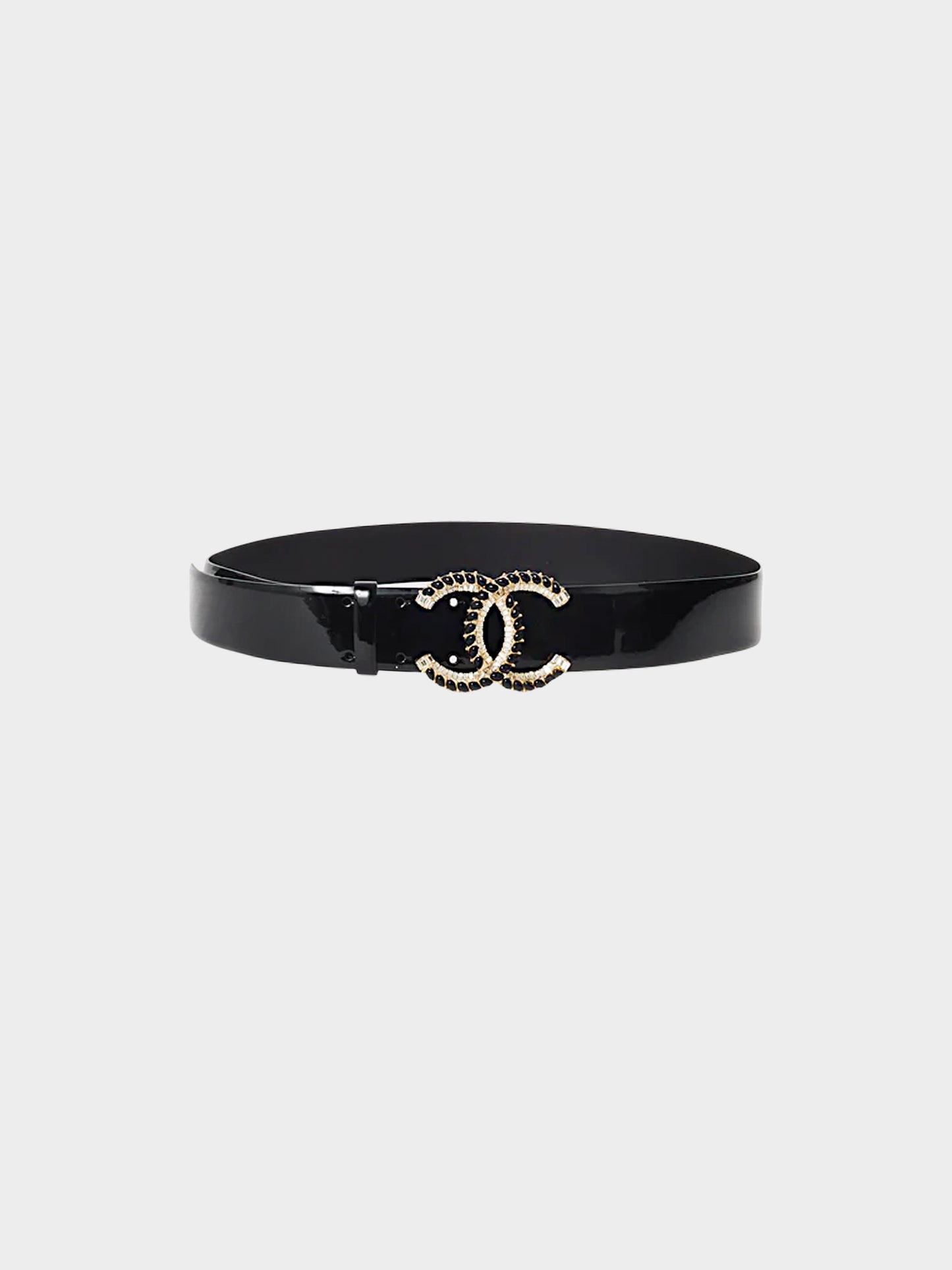 Chanel 2008 Black Patent Leather Crystal Embellished CC Belt