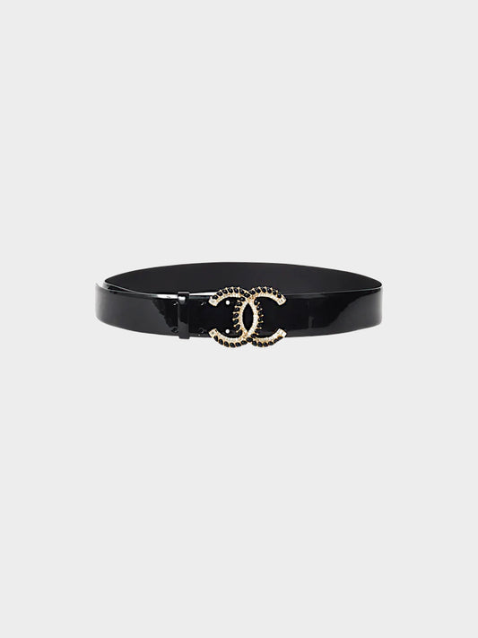 Chanel 2008 Black Patent Leather Crystal Embellished CC Belt