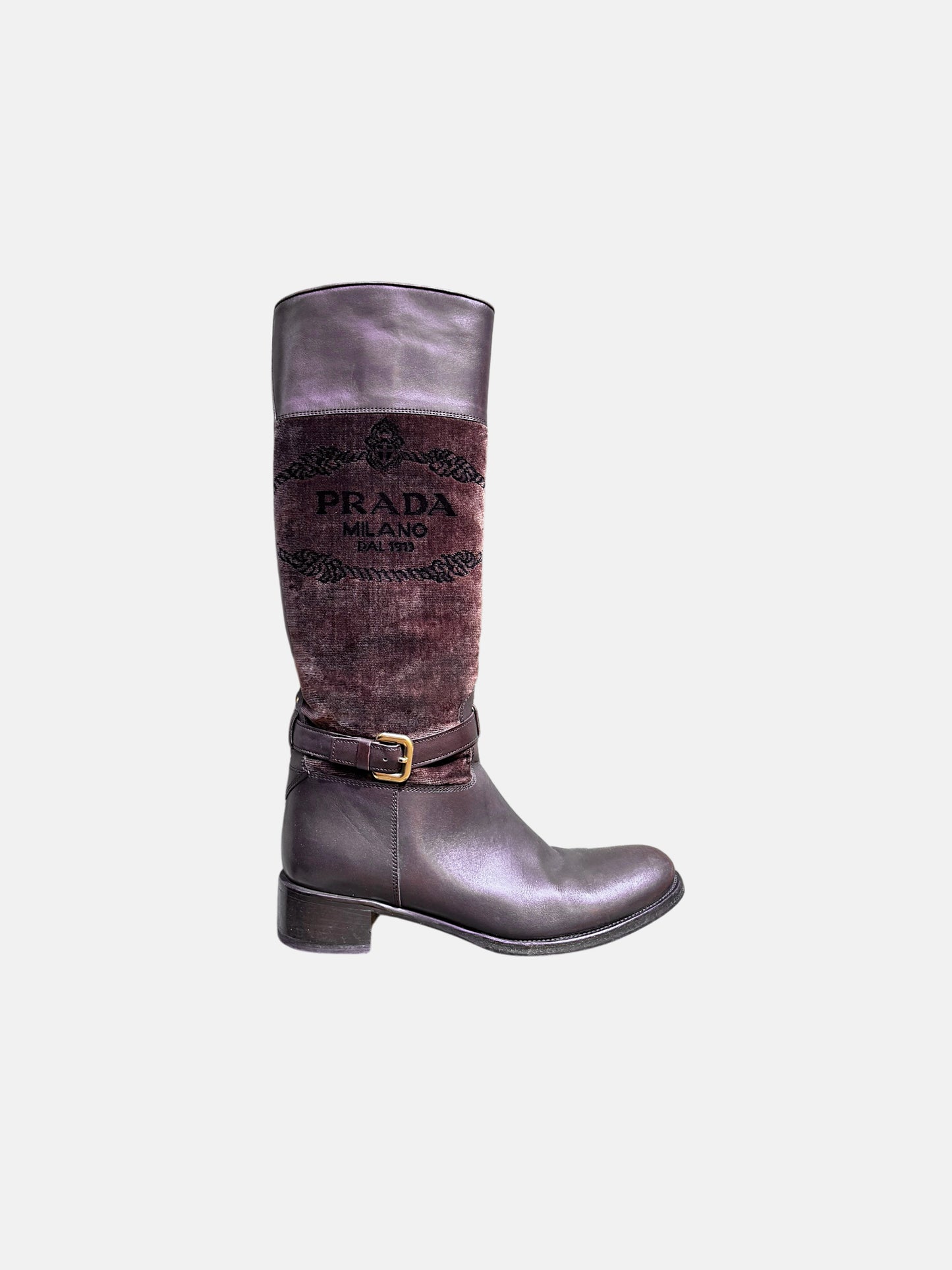 Prada 2010s Burgundy Velvet and Leather Logo Riding Boots