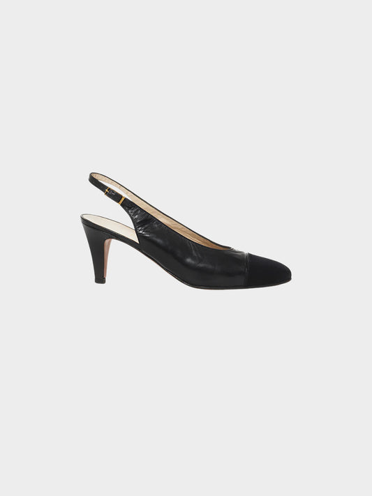 Chanel 2010s Black Leather Tonal Cap Toe Slingback Pumps