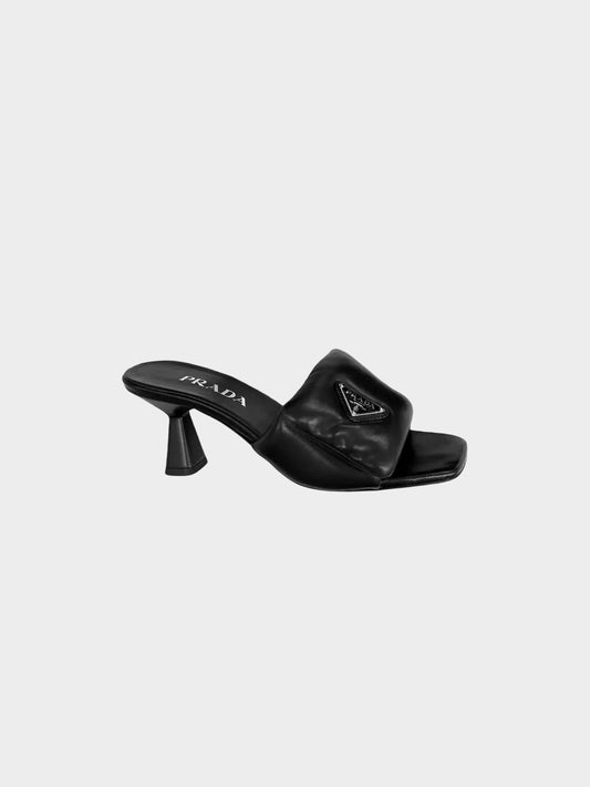 Prada 2023 Black Padded Leather Logo Mules