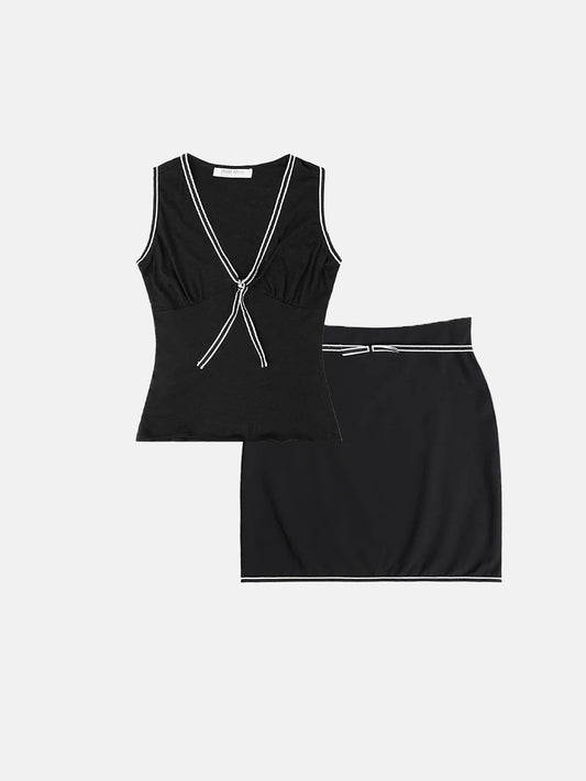 Miu Miu SS 2000 Black Tipped Top and Skirt Set