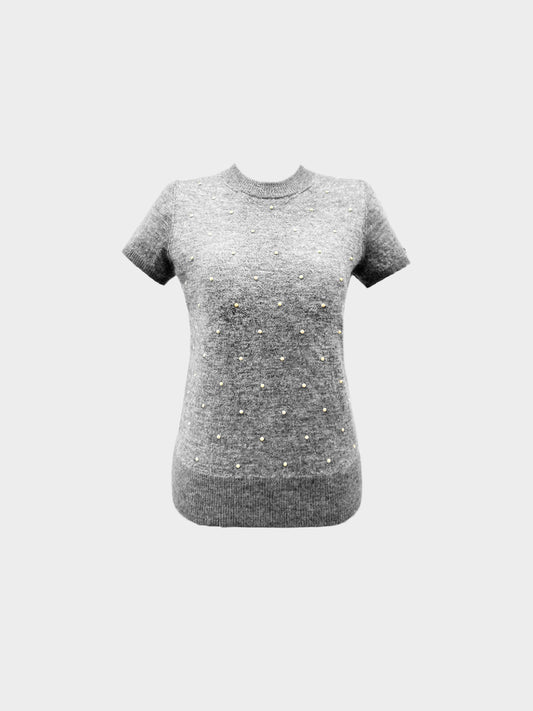 Chanel 2010s Grey Mohair Pearl Embellished Knit Top