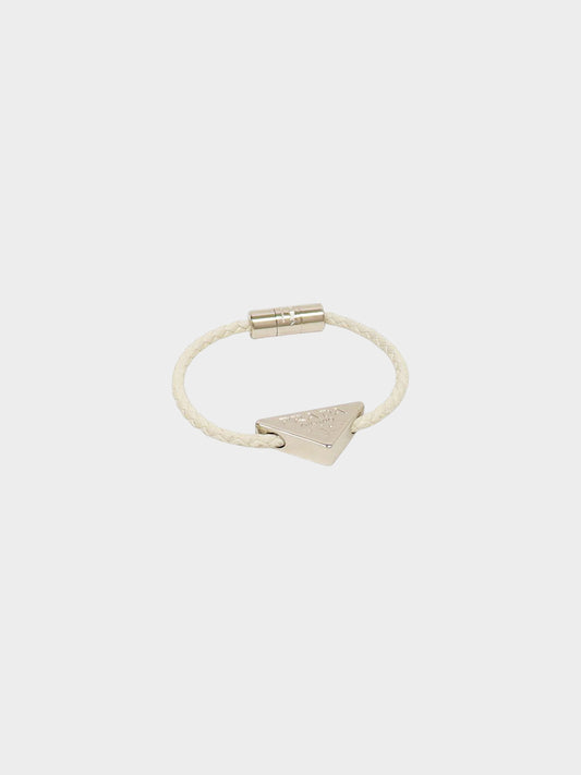 Prada 2024 Braided Leather And Silver Triangle Metal Logo Bracelet