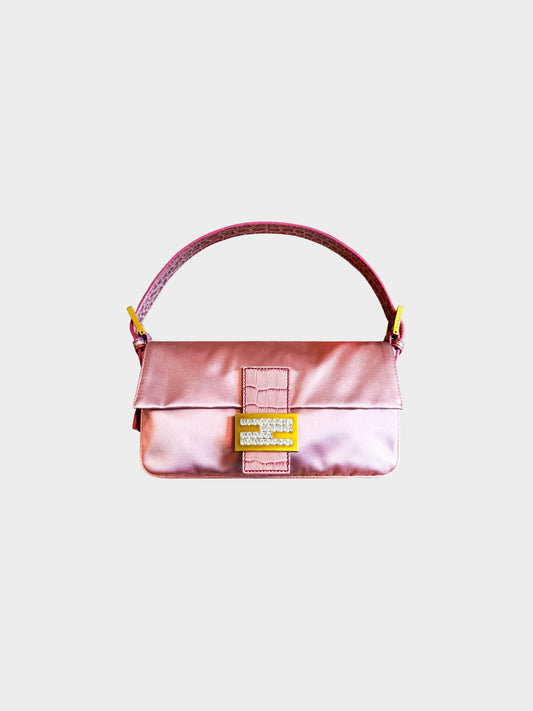 Fendi 2000s Pink Satin and Croc-Embossed Leather Baguette