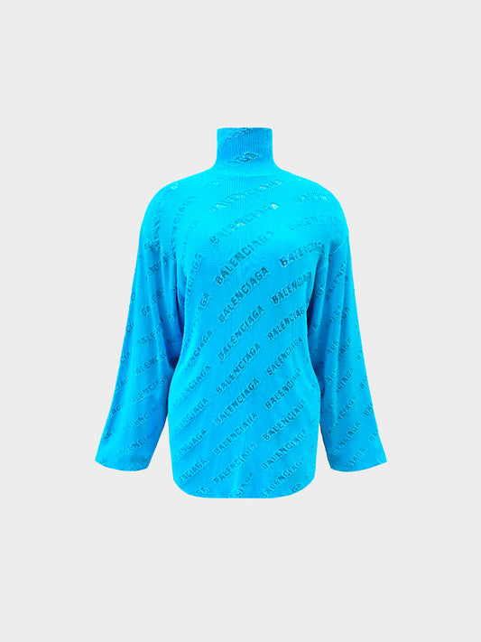 Balenciaga 2022 Blue Rib-Knit Turtleneck Logo Sweater
