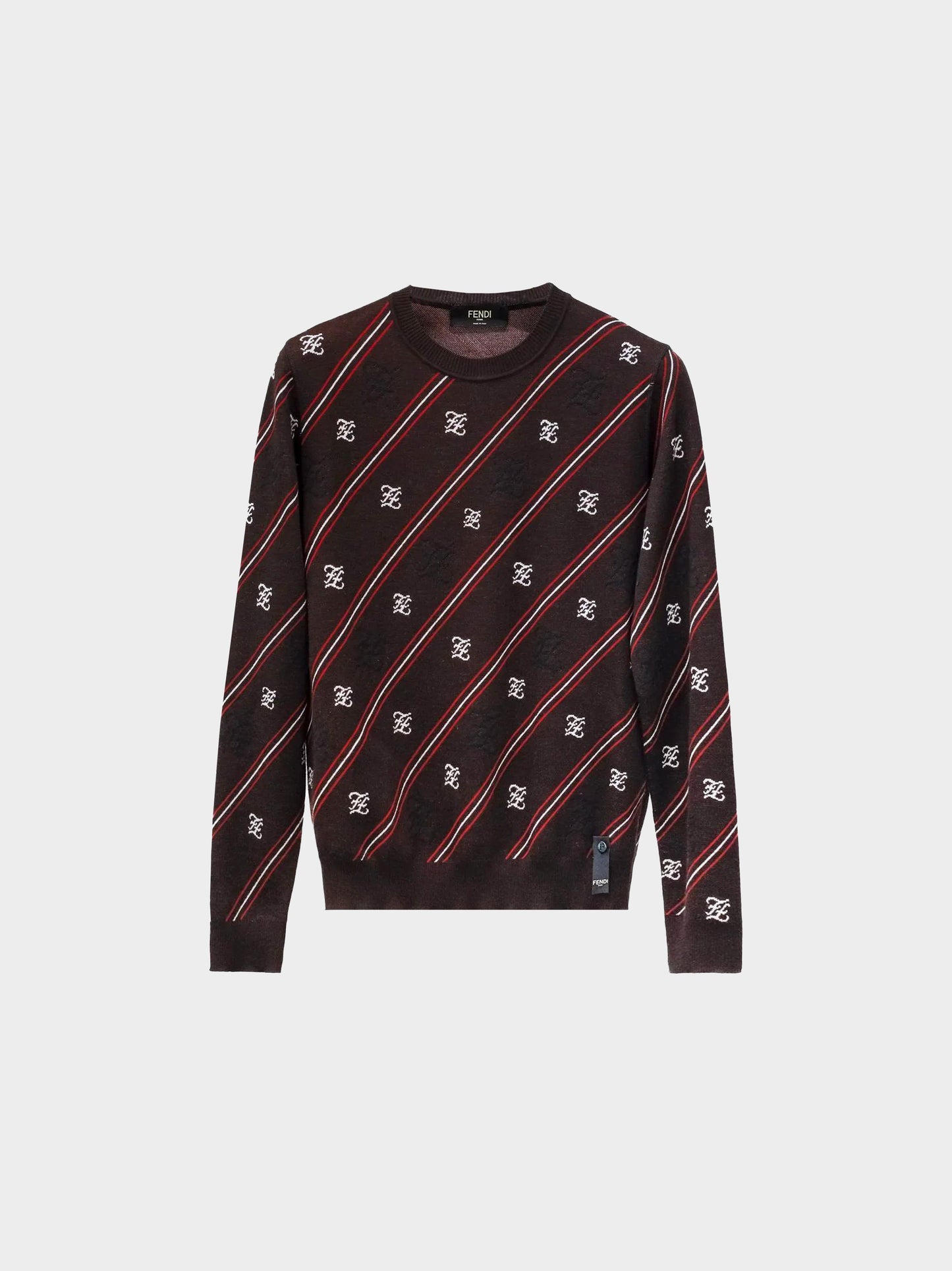 Fendi 2019 Men's Brown Diagonal Striped FF Logo Wool Knit Sweater