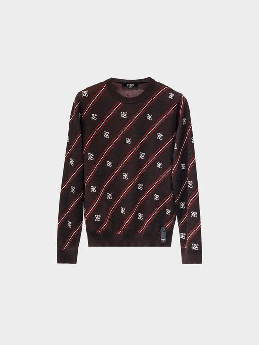 Fendi 2019 Men's Brown Diagonal Striped FF Logo Wool Knit Sweater