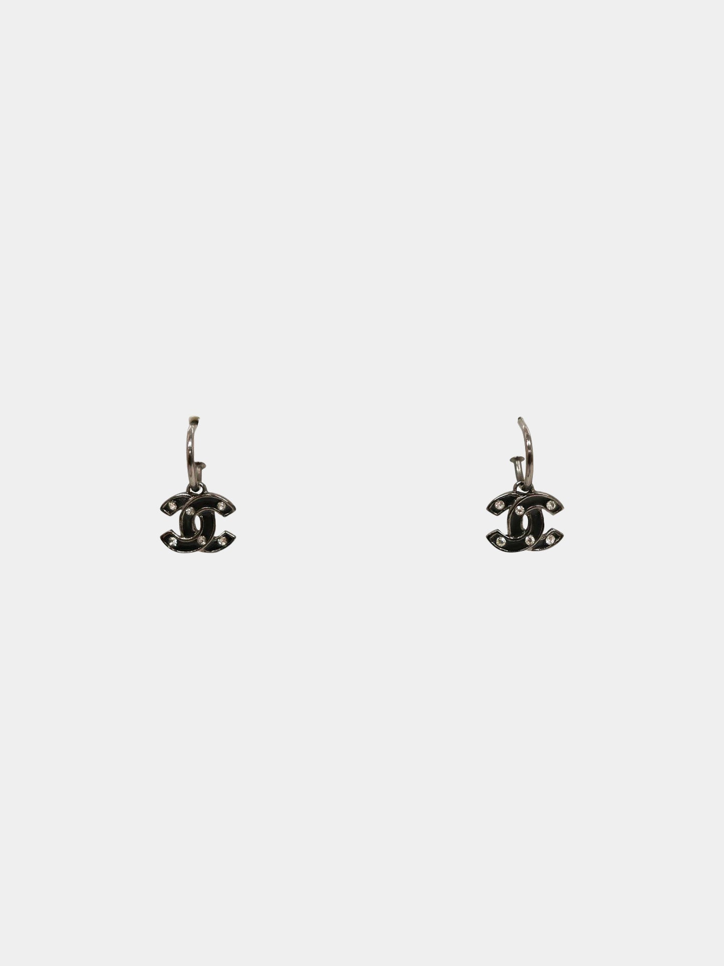 Chanel 2003 Silver and Black Rhinestone Embellished CC Earrings