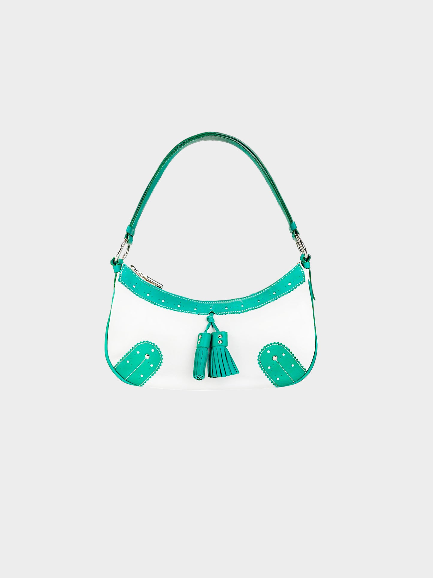Burberry 2000s White and Teal Leather Brogue Handbag