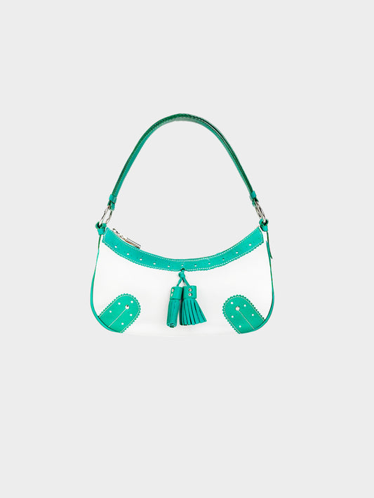 Burberry 2000s White and Teal Leather Brogue Handbag