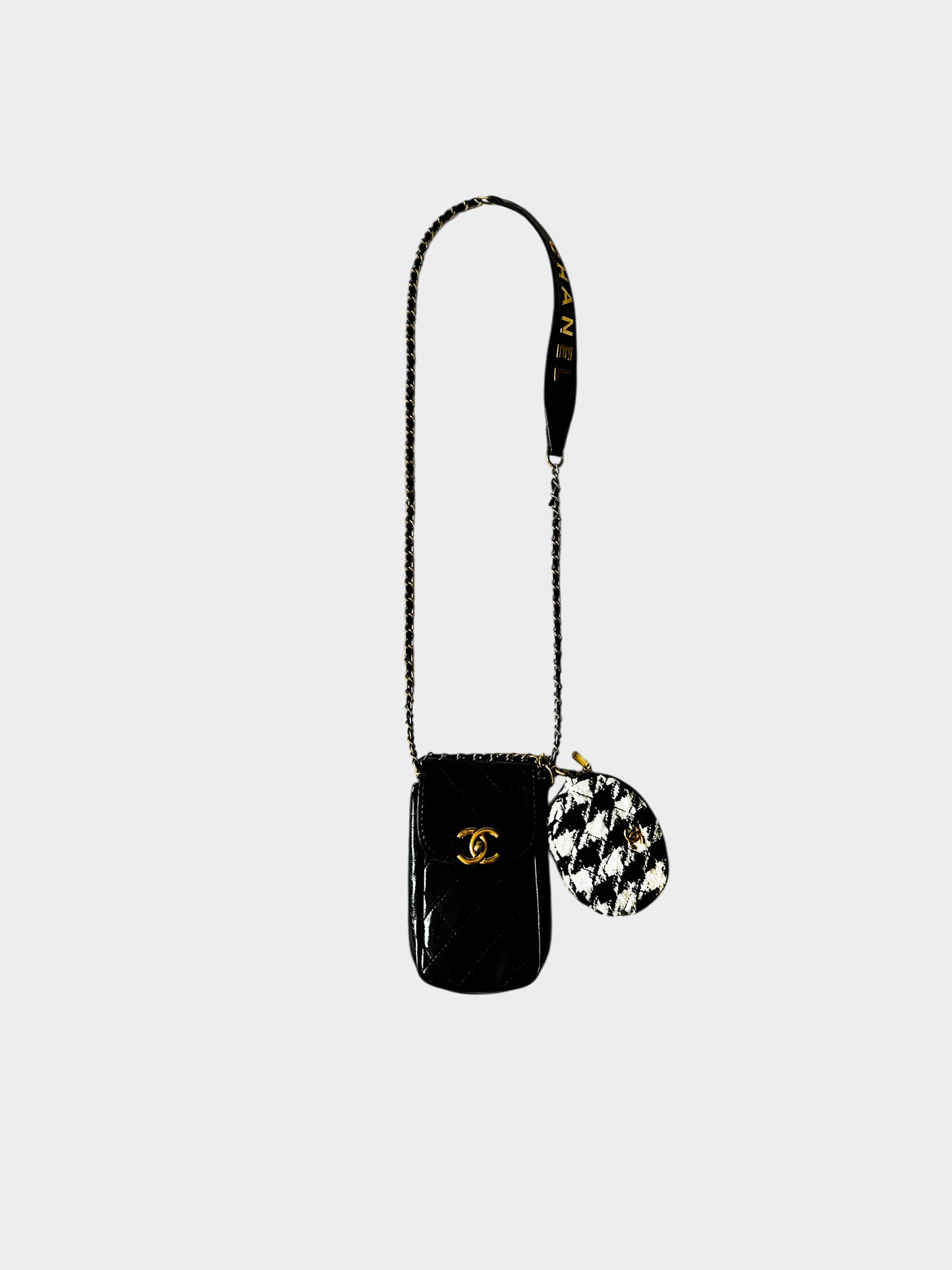 Chanel 2020s Black Oil Wax Leather and Houndstooth Tweed Multi-pochette Bag