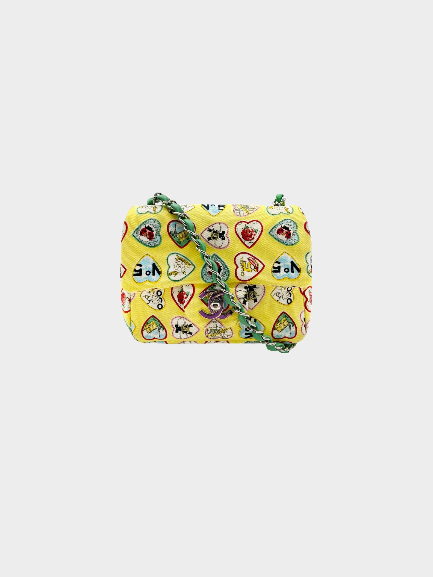 Chanel 2005-2006  Yellow Canvas Valentine's Day Hearts Mini Square Flap Bag