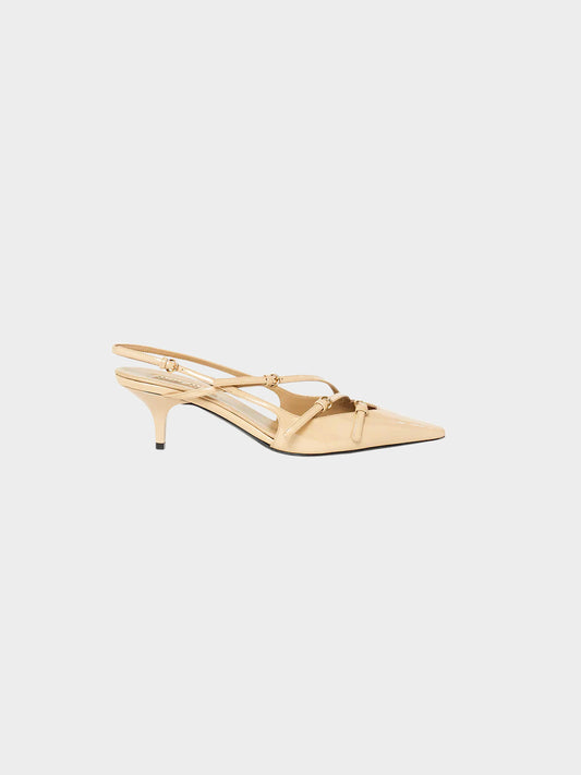 Miu Miu FW 2023 Beige Patent Leather Triple Strap Slingback Mules