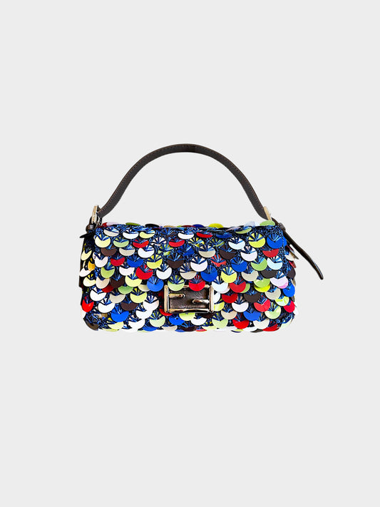 Fendi 2010s Woven Raffia Multicolor Paillettes Embellished Baguette
