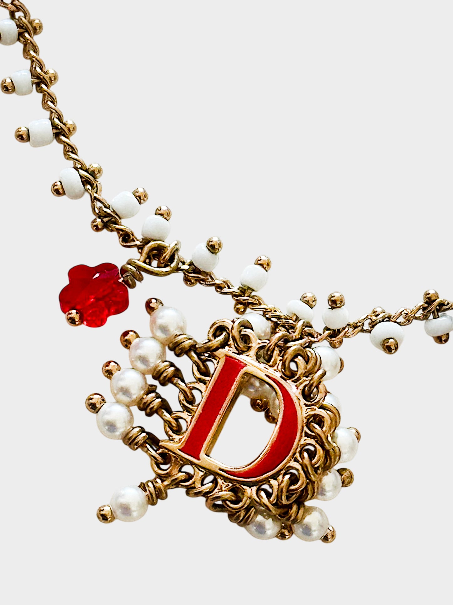 Christian Dior 2000s Gold Logo Charms and Micro Pearl Embellished Necklace