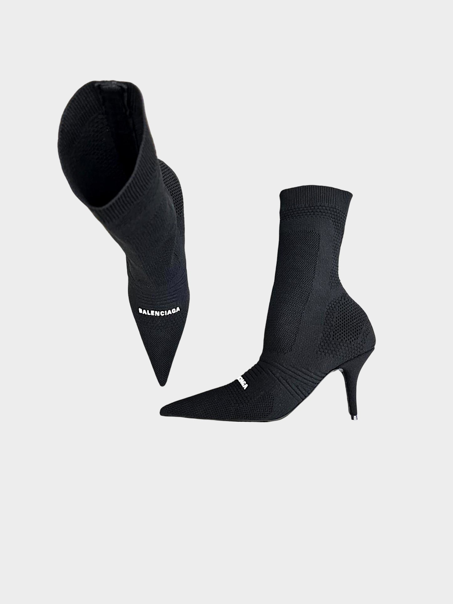 Balenciaga 2022 Black Stretch Knit Logo Knife Bootie
