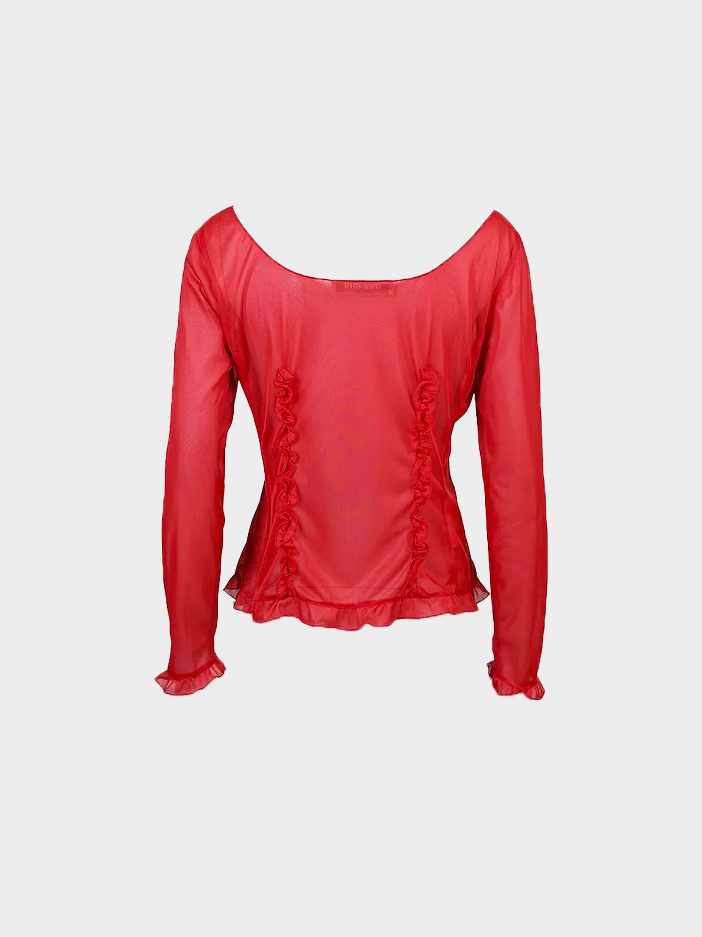 Miu Miu FW 1999 Red Sheer Mesh Ruffled Top