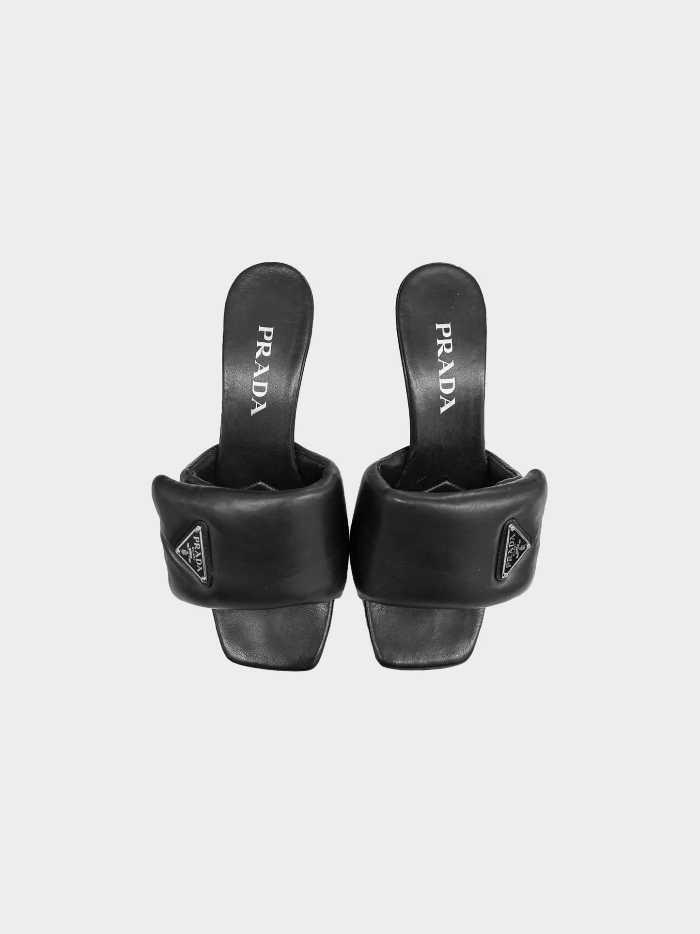 Prada 2023 Black Padded Leather Logo Mules