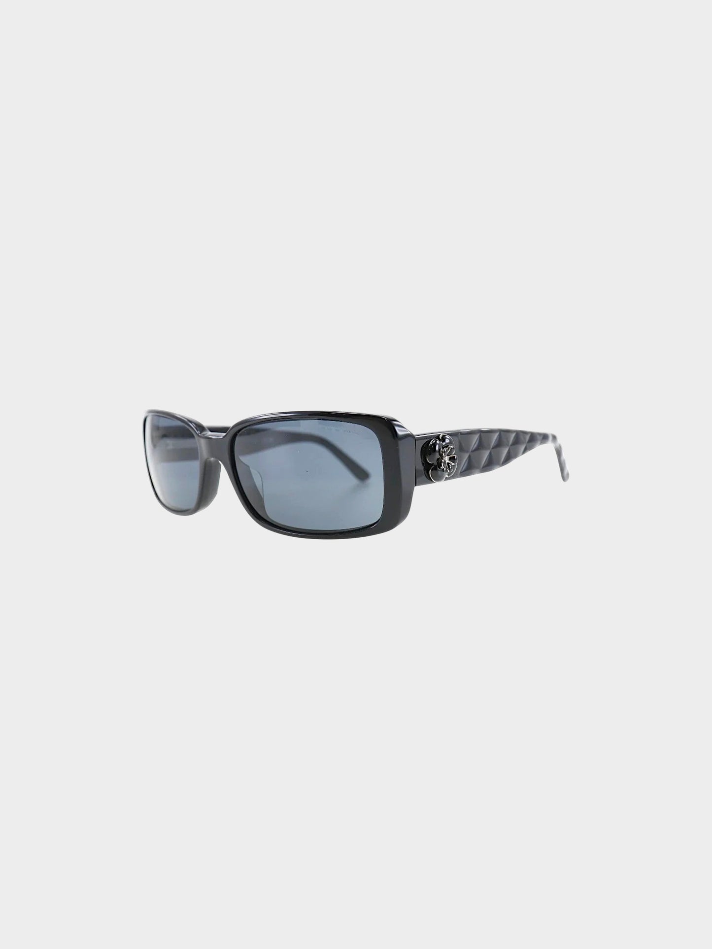 Chanel 2000s Black CC and Camellia Rectangular Sunglasses
