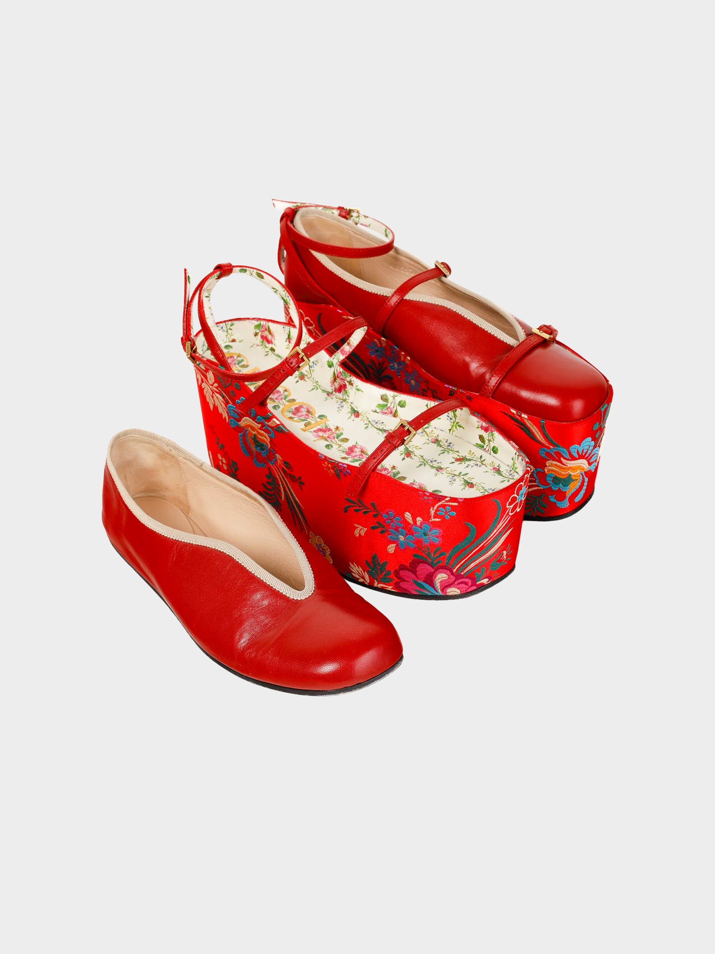Gucci SS 2017 Runway Hannelore Detachable Red Leather Flats and Floral Embroidered Silk Platforms