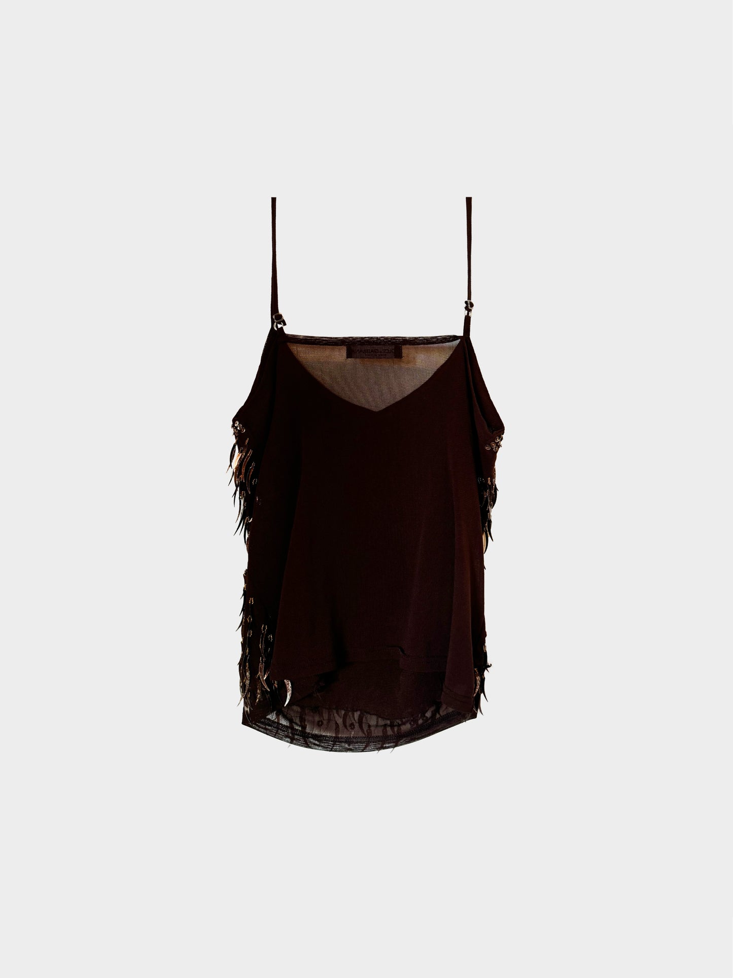 Dolce and Gabbana 2000s Dark Brown Beading and Tiger Tooth Sequin Embellished Sheer Tulle Top