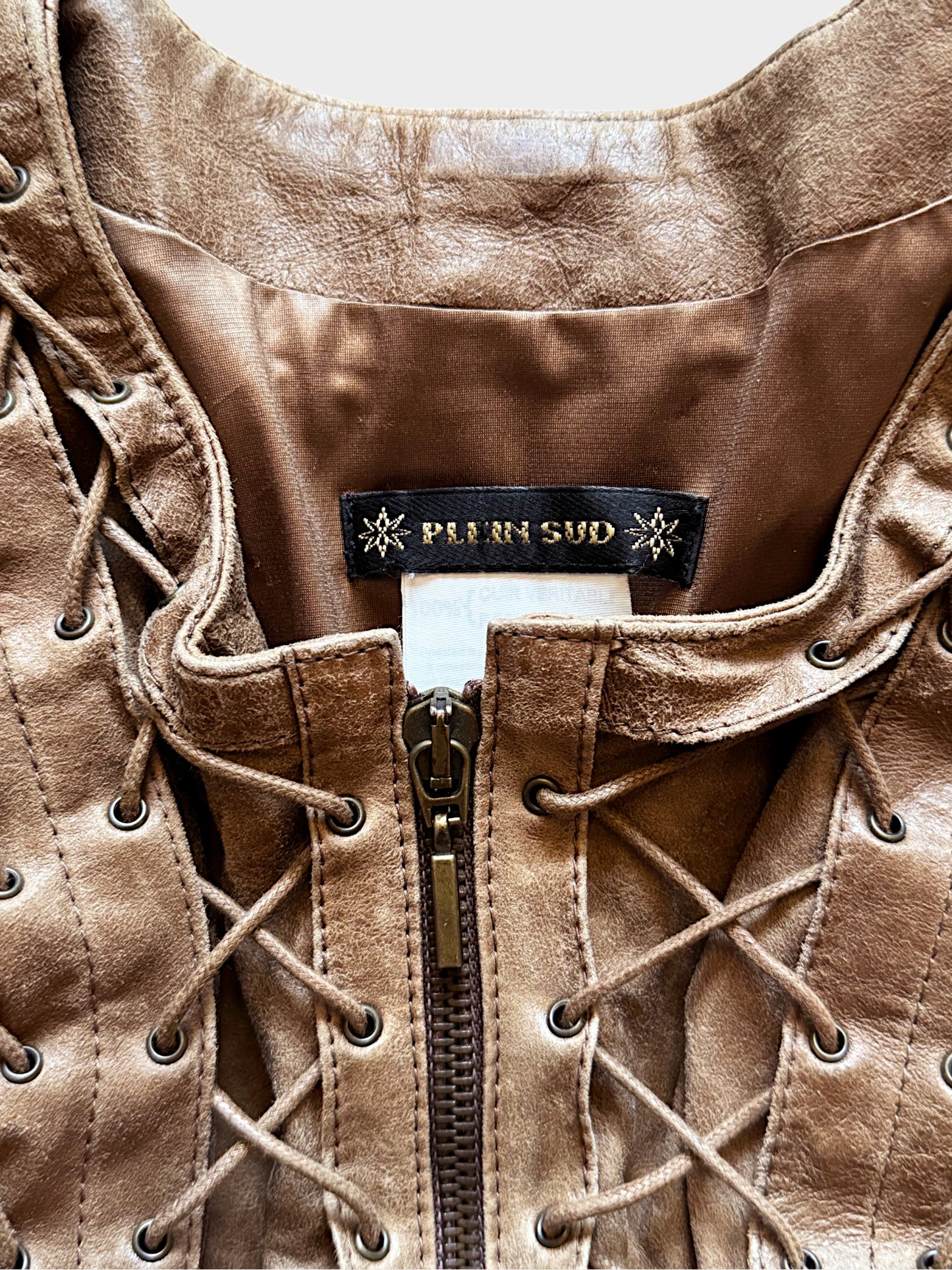 Plein Sud AW 2002 Brown Leather Lace-Up Cage Top