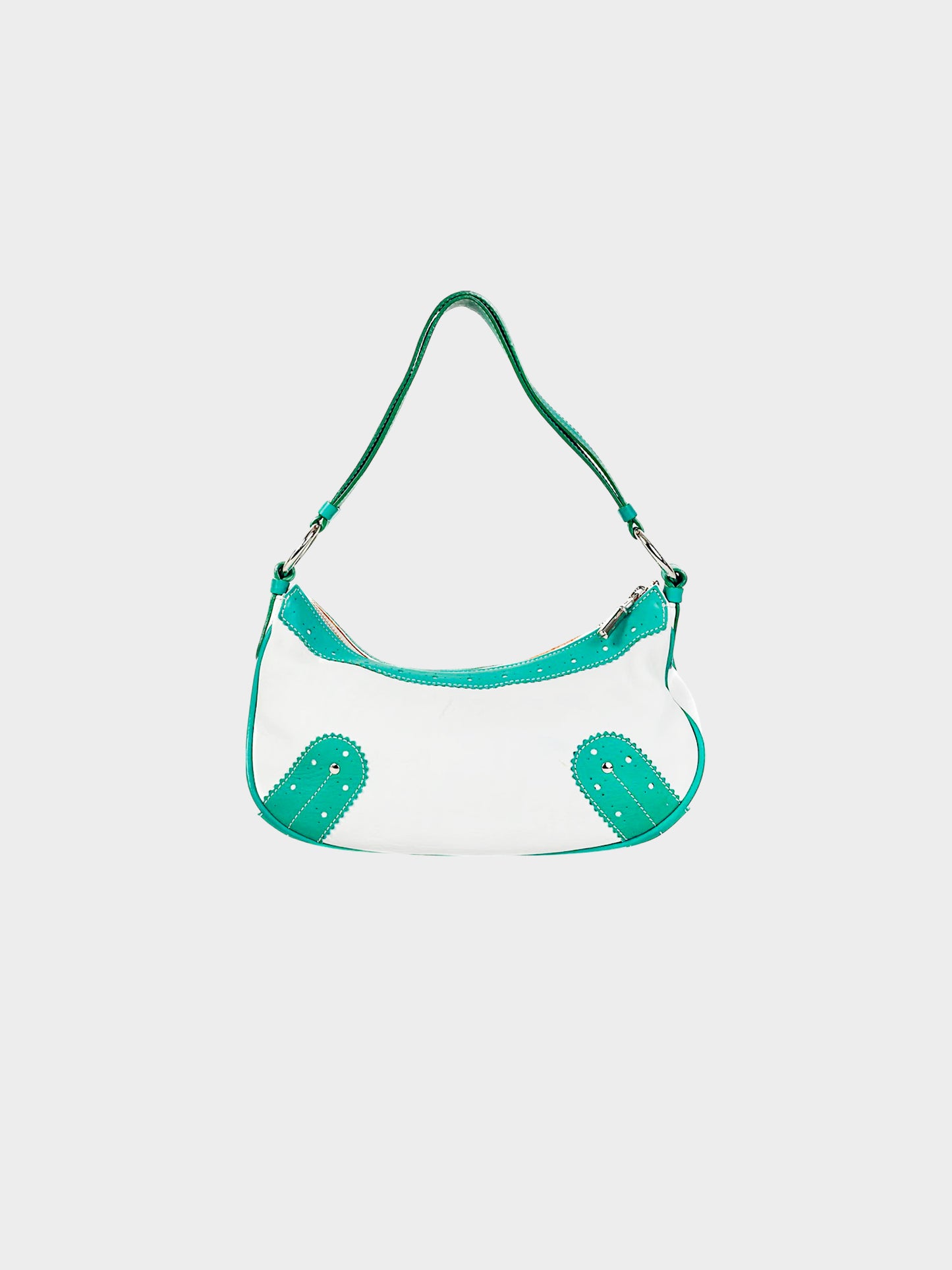 Burberry 2000s White and Teal Leather Brogue Handbag