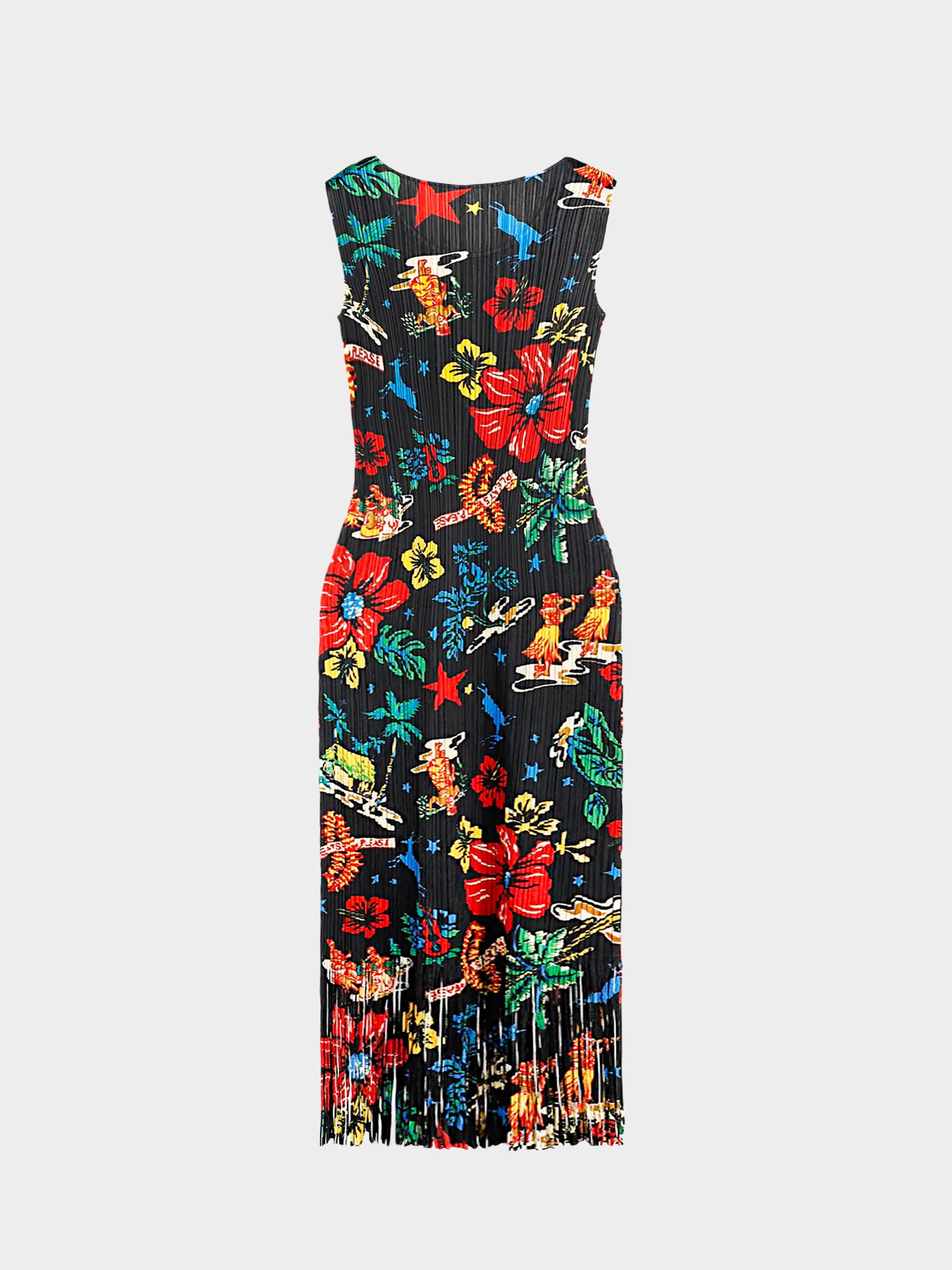 Issey Miyake Pleats Please 2000s Hawaiian Print Fringed Dress