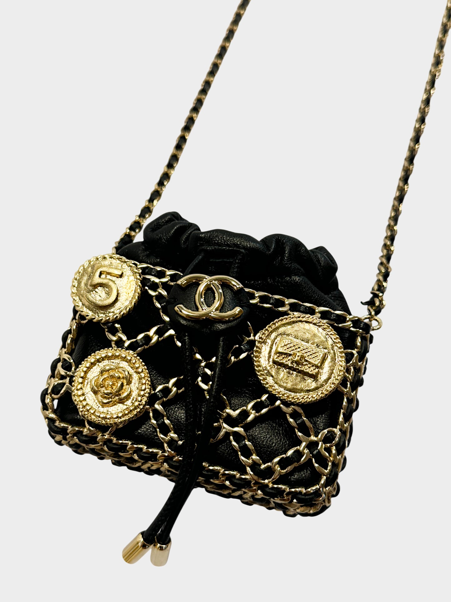 Chanel 2020s Black Lambskin Leather Gold Medallion Coins and Threaded Chain Cage Bucket Bag