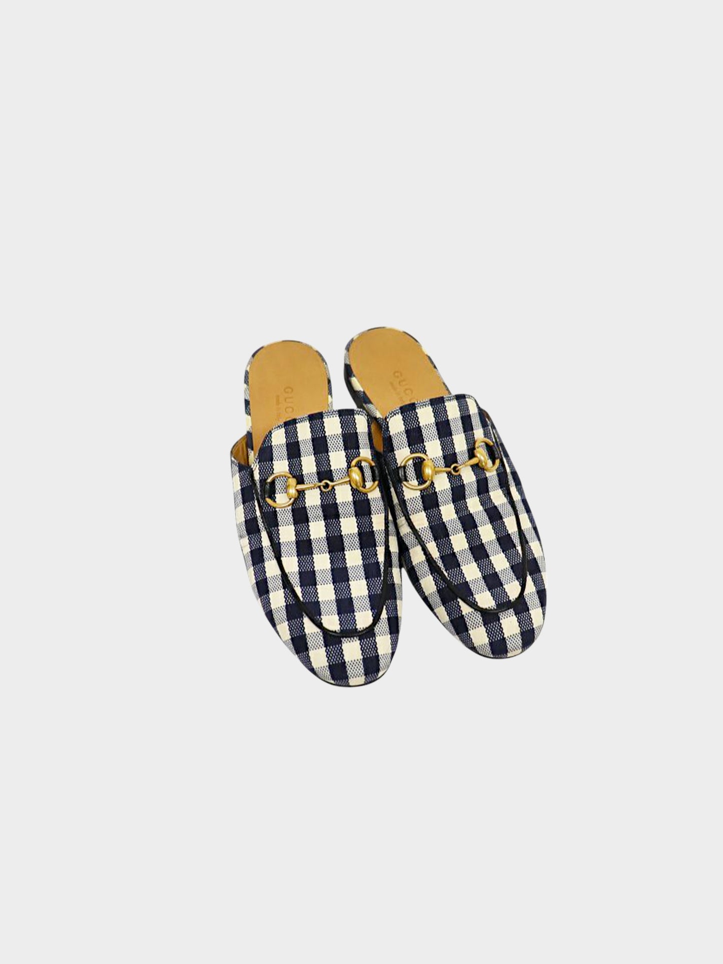 Gucci 2010s Navy and White Gingham Princetown Slippers