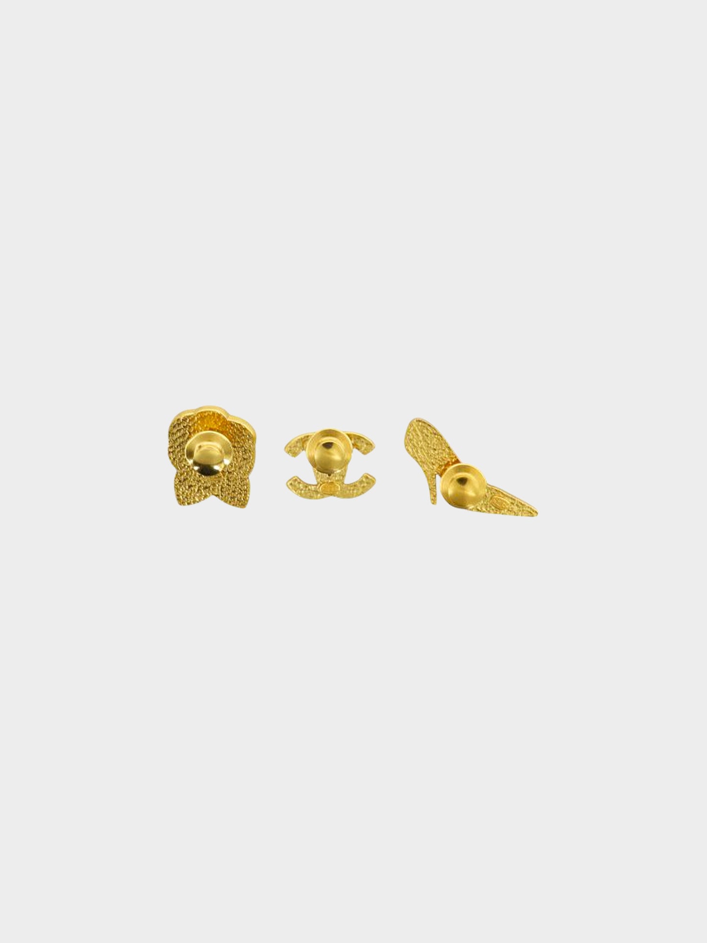 Chanel 2002 Gold and Black Enamel Heels, Camellia Flower, and CC Pin Set