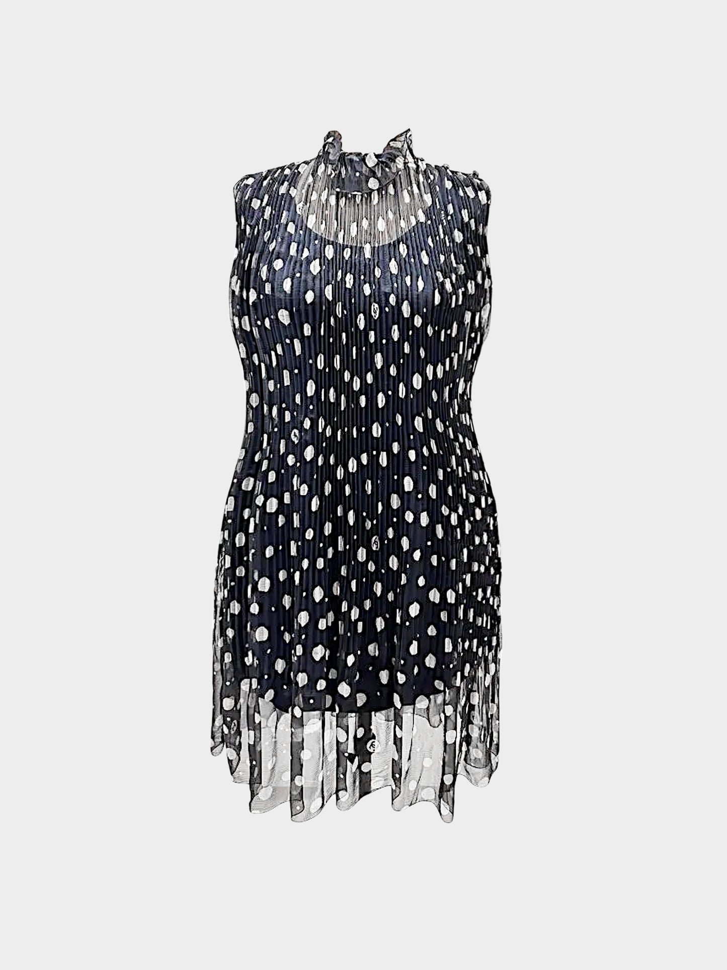 Chanel 2000 Navy Pleated Chiffon Polka Dot Print Chiffon Dress and Scarf