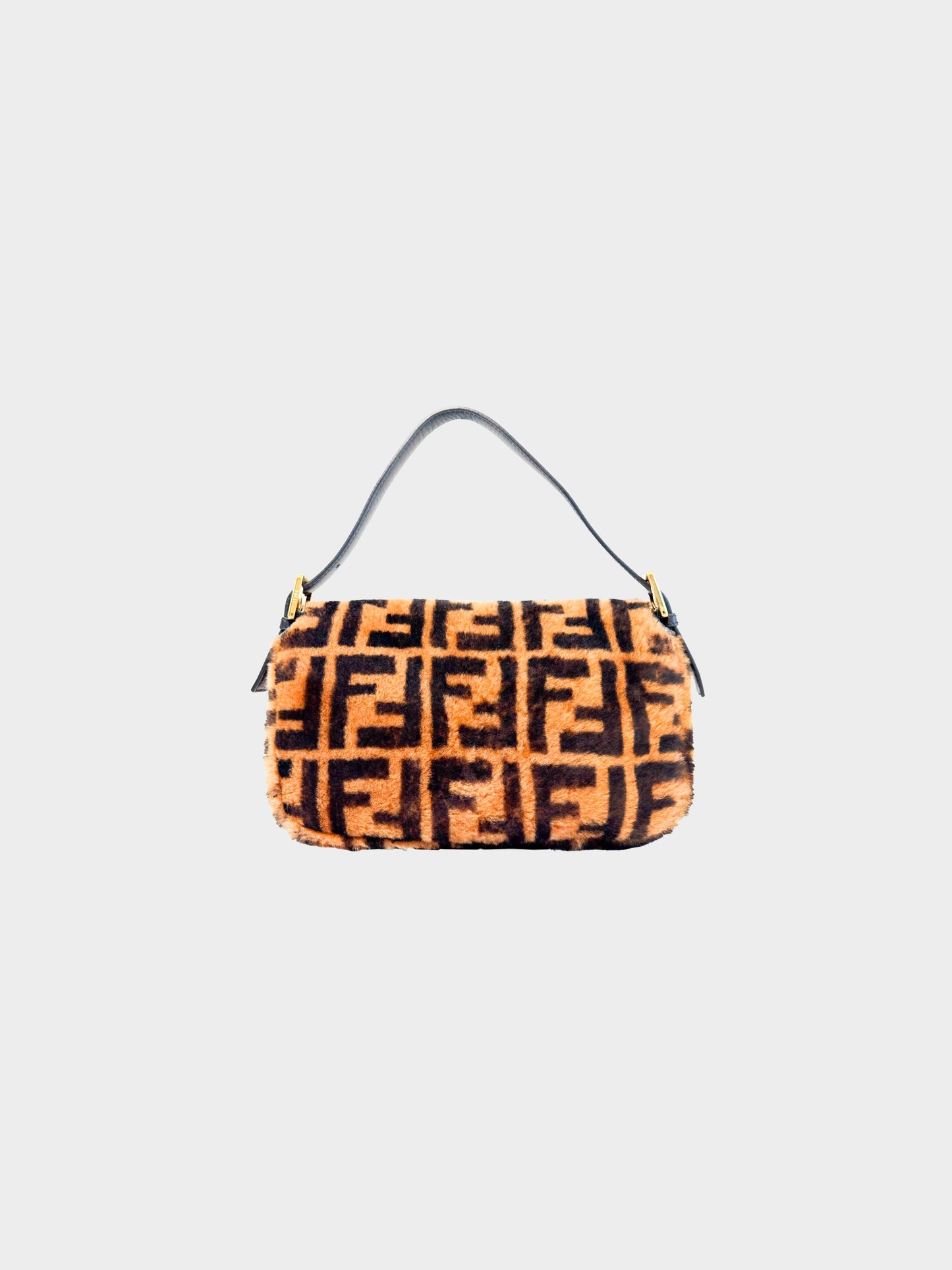 Fendi 2000s Brown Shearling Fur Zucca Monogram Baguette
