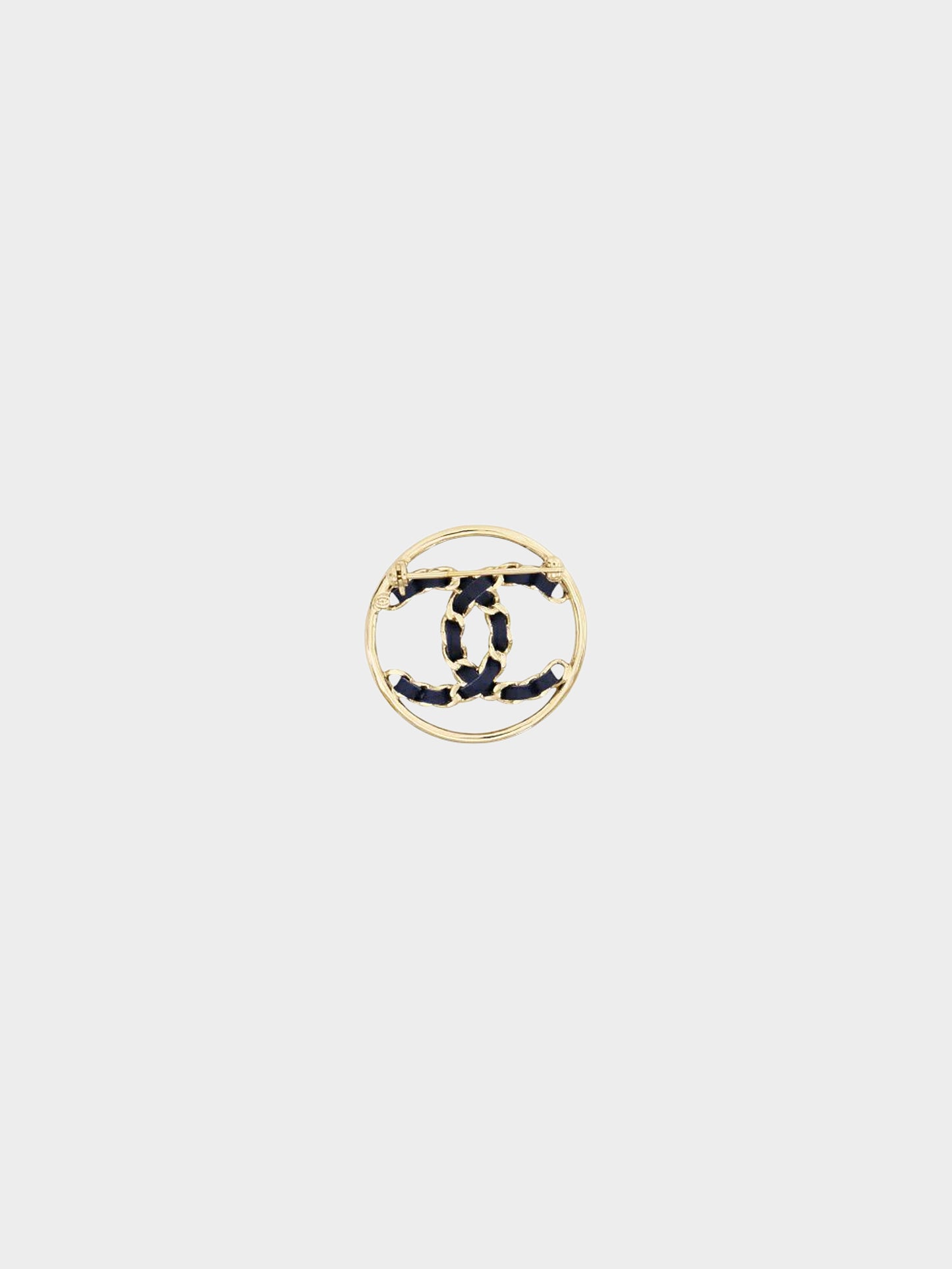 Chanel 2000s Navy Leather Threaded Chain and Gold CC Brooch