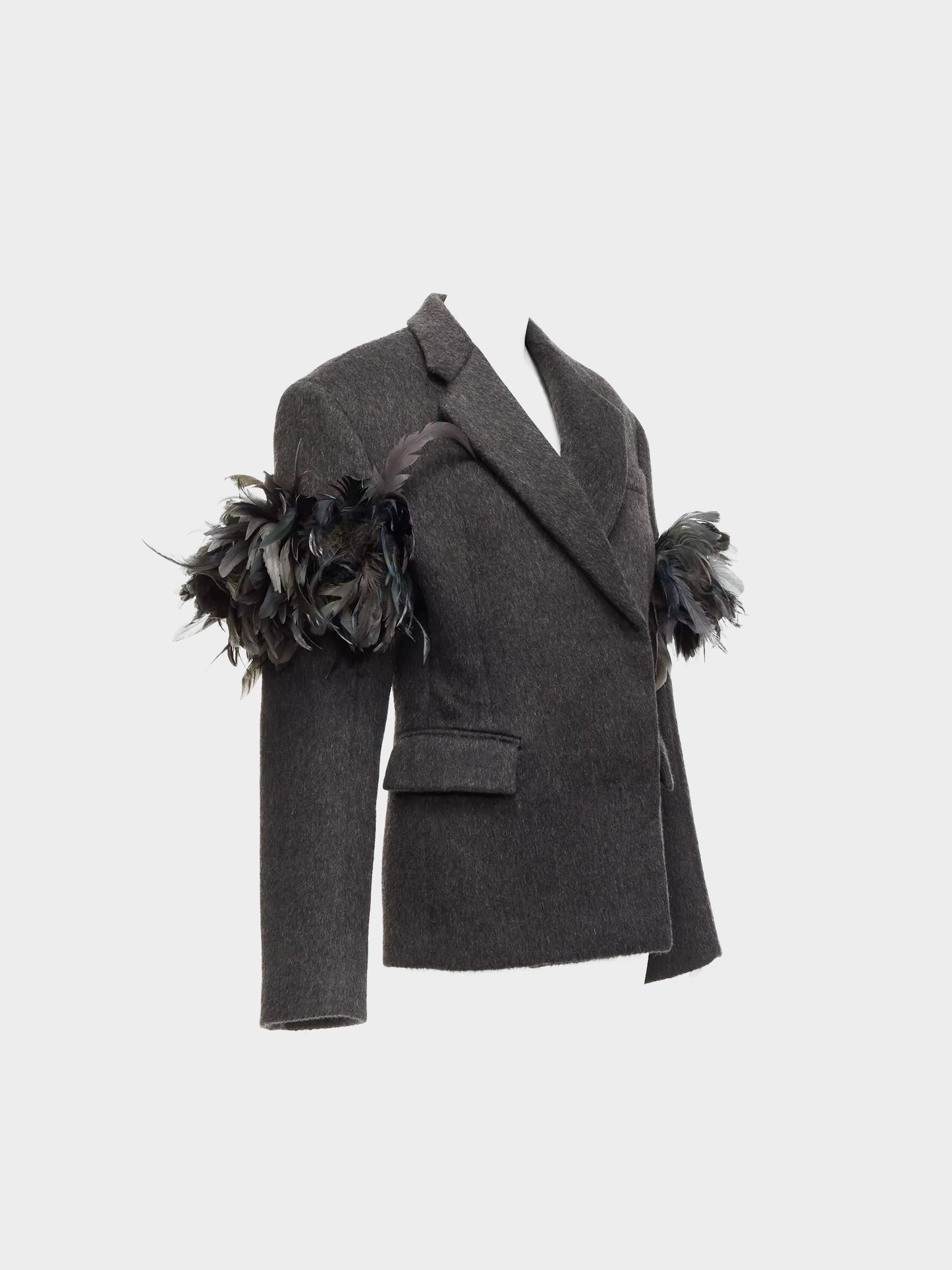 Prada FW 2022 Runway Slate Grey Virgin Wool And Feathers Double-Breasted Jacket