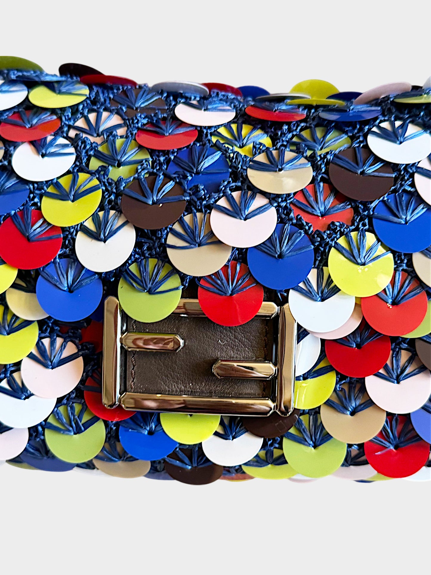 Fendi 2010s Woven Raffia Multicolor Paillettes Embellished Baguette