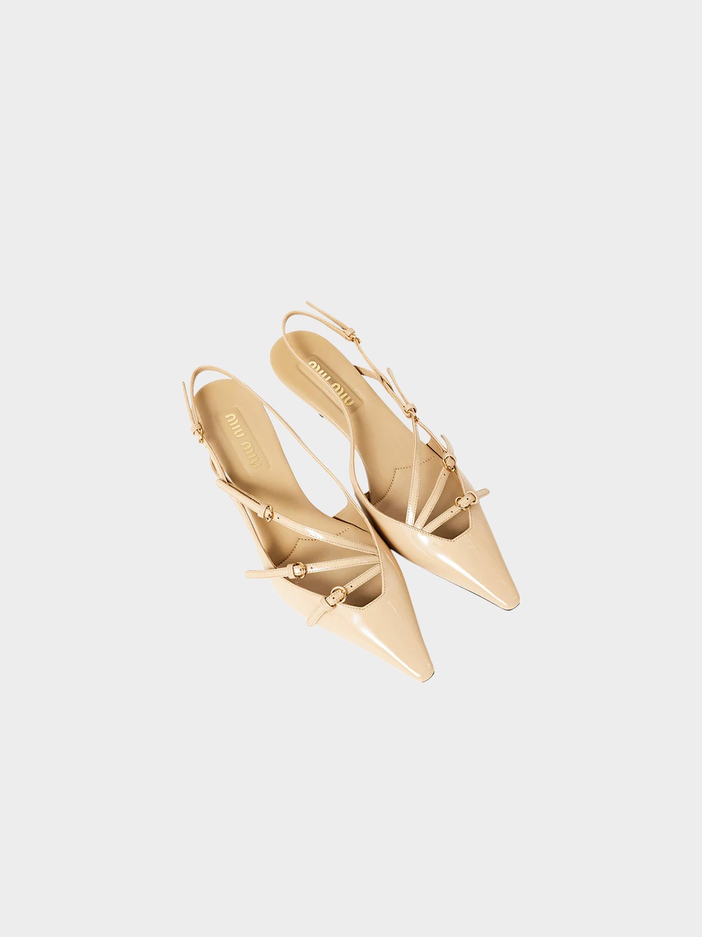 Miu Miu FW 2023 Beige Patent Leather Triple Strap Slingback Mules