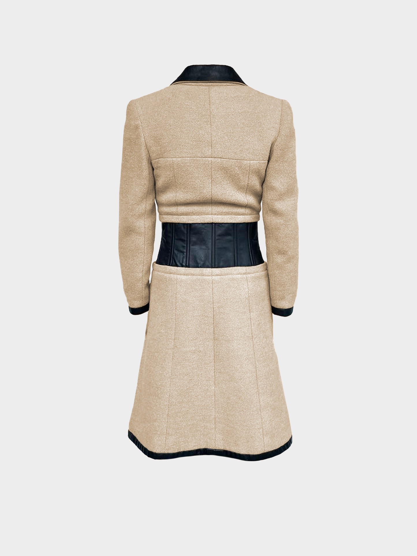Chanel 2001 Beige Camel Hair and Black Leather Trims Coat