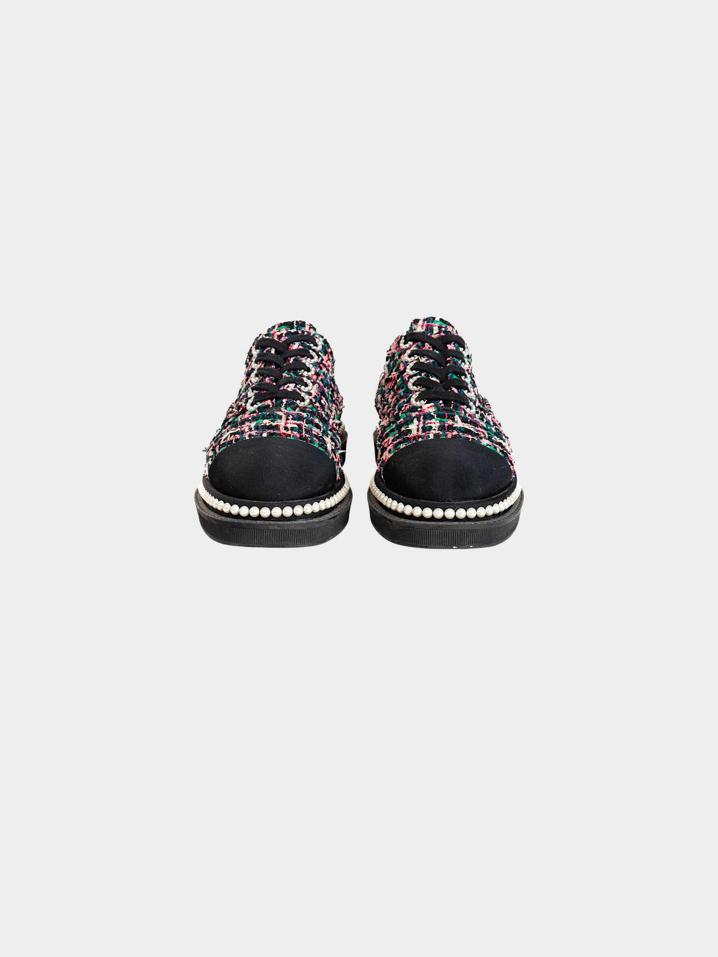Chanel SS 2017 Tweed and Grosgrain Cap Toe Pearl Embellishes Sneakers