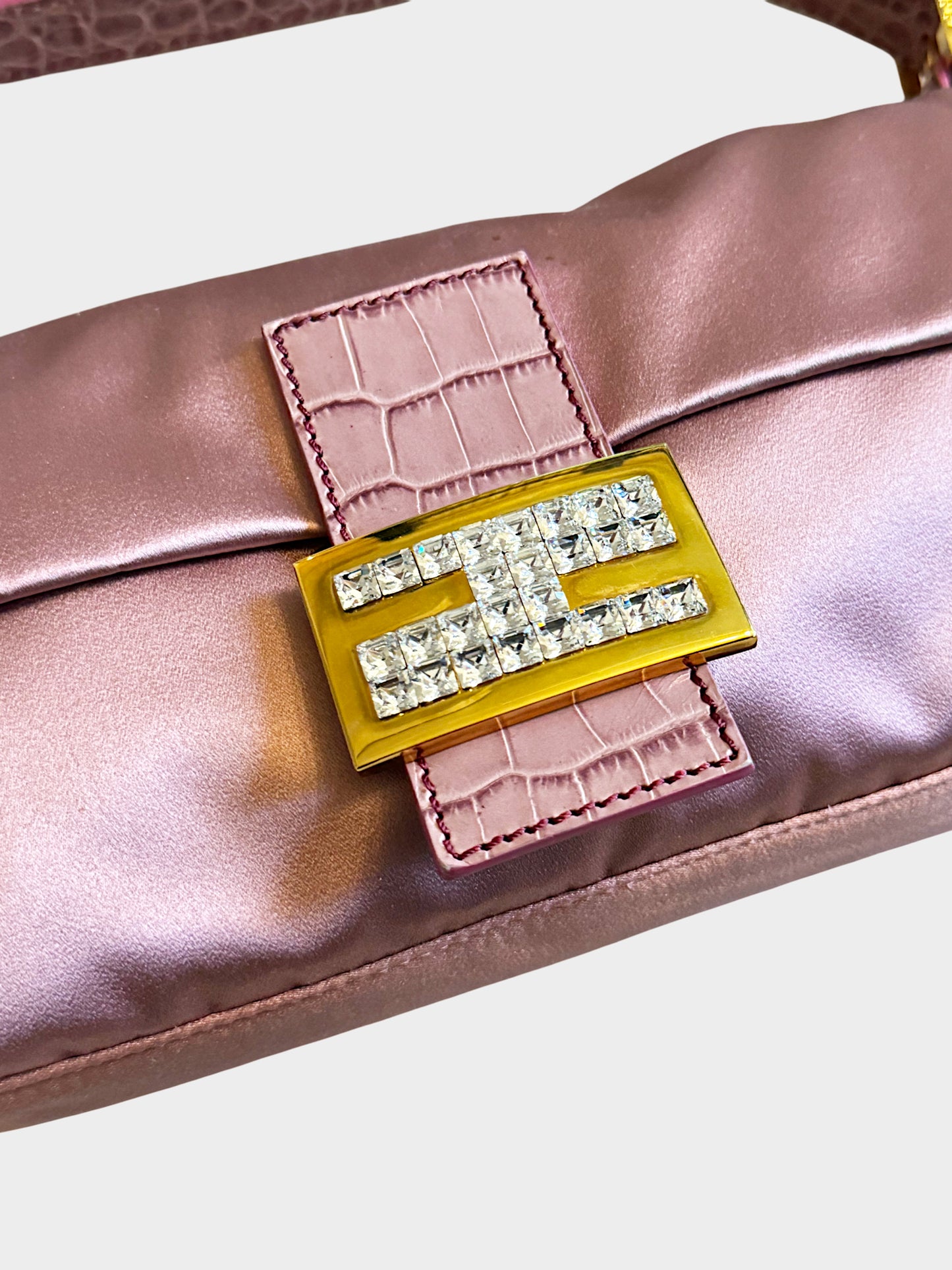 Fendi 2000s Pink Satin and Croc-Embossed Leather Baguette