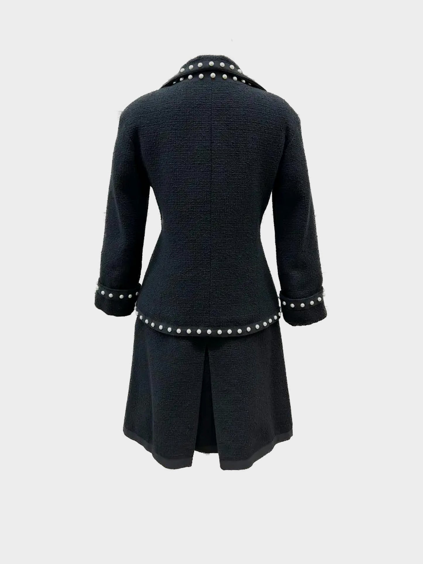 Chanel 2013 Black Cotton Tweed Pearl Studded Jacket and Skirt Set