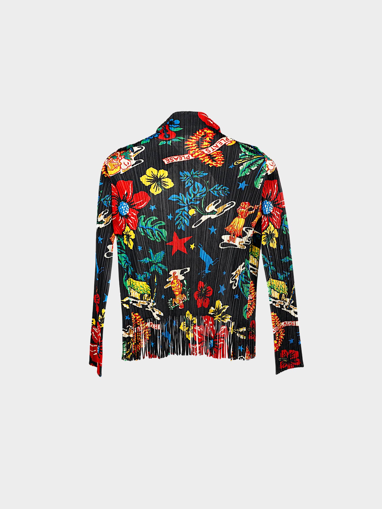 Issey Miyake Pleats Please 2000s Hawaiian Print Fringed Cardigan