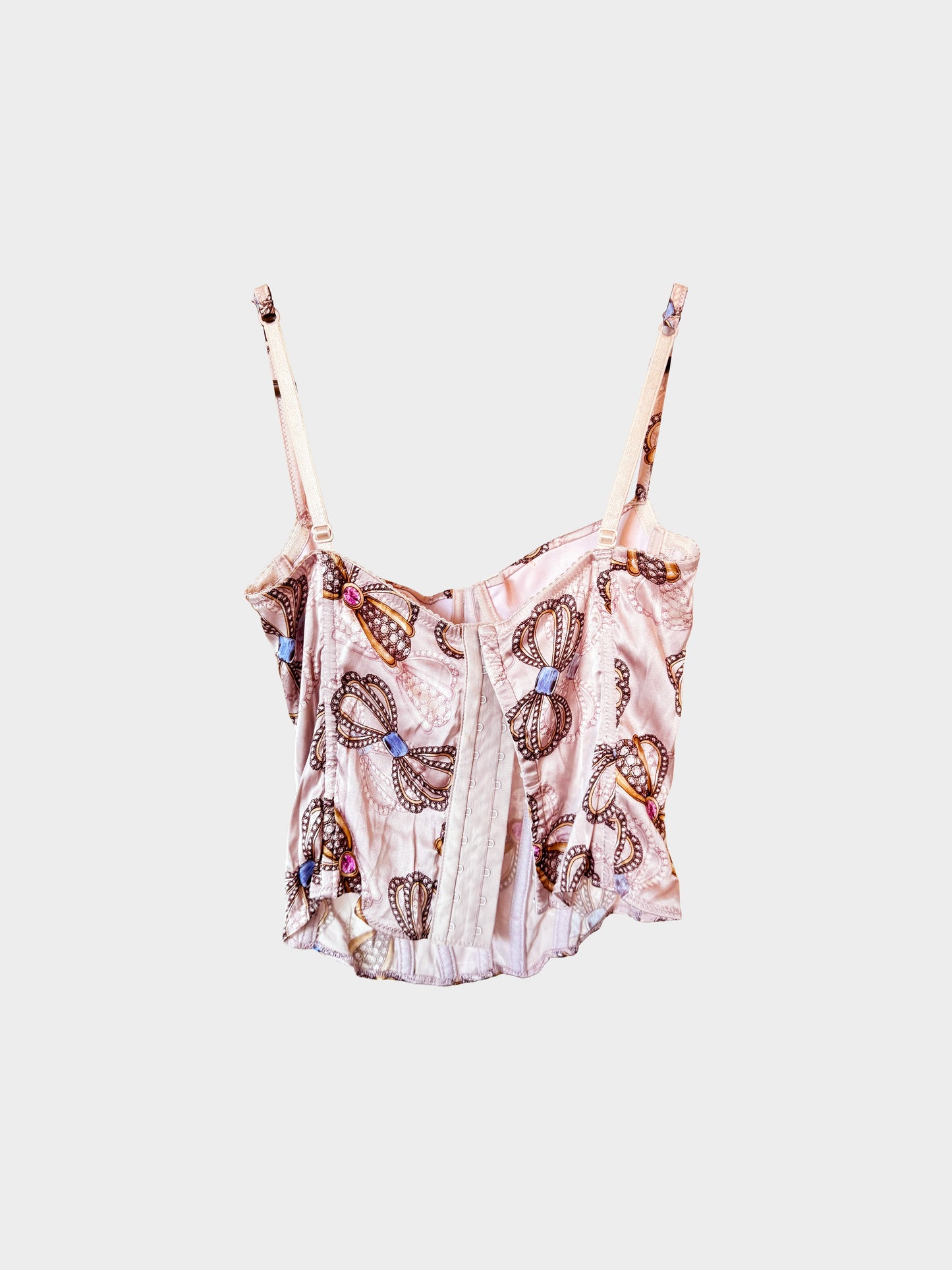 Blumarine 2000s Light Pink Satin Rhinestone Embellished Printed Corset