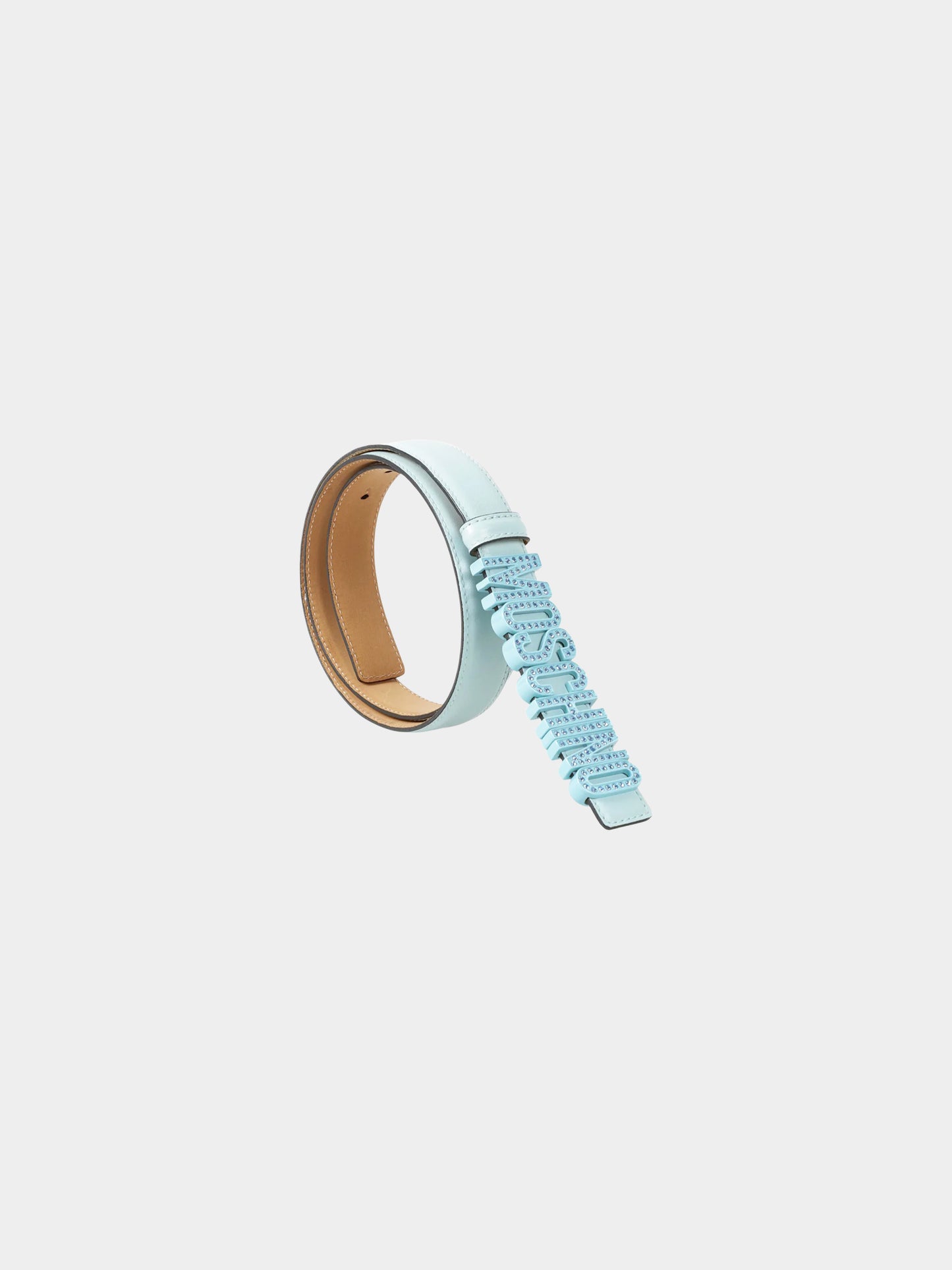 Moschino 2020s Light Blue Calfskin Leather Crystal Embellished Logo Belt