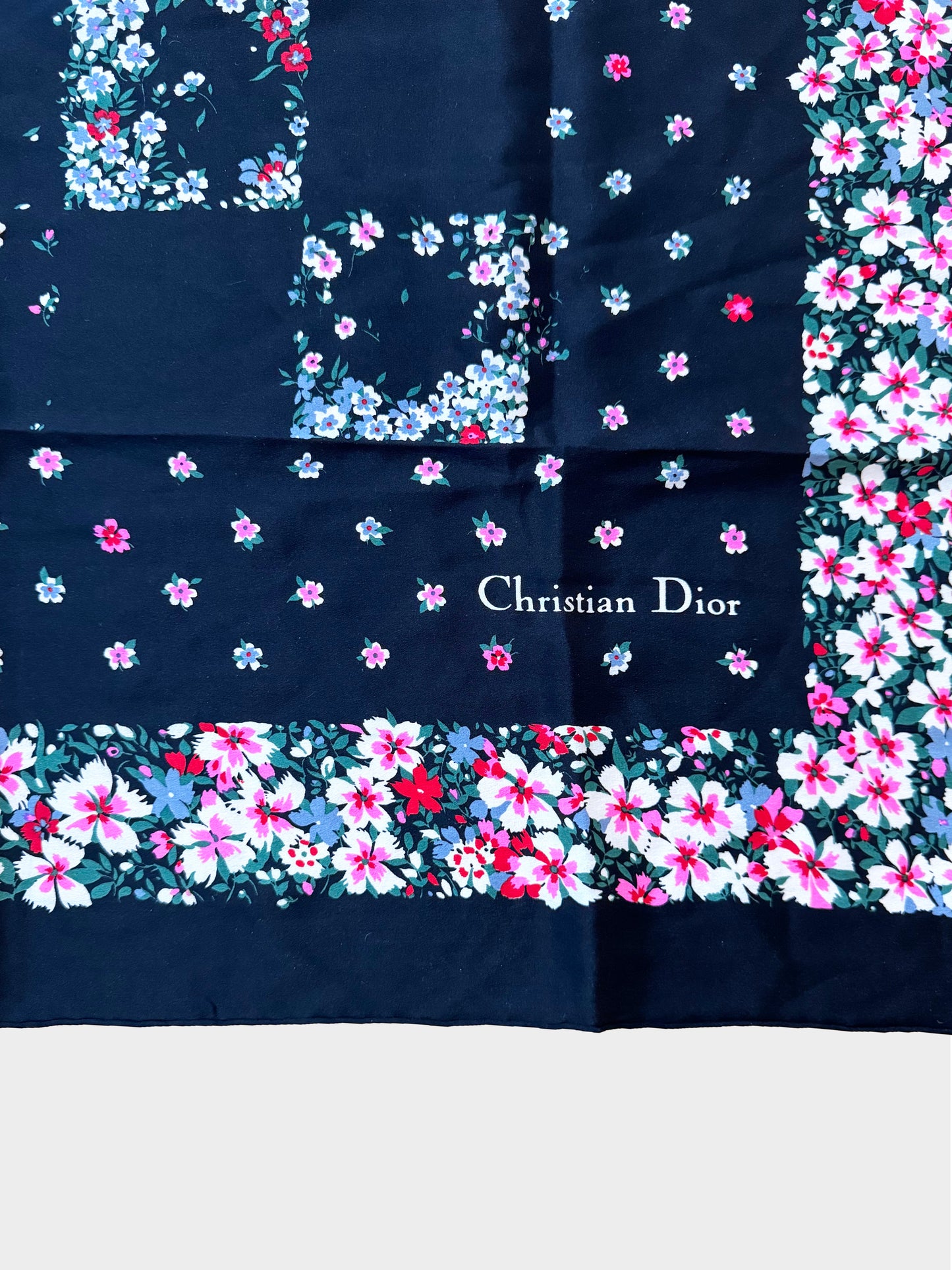 Christian Dior 2000s Navy Floral Print Silk Scarf