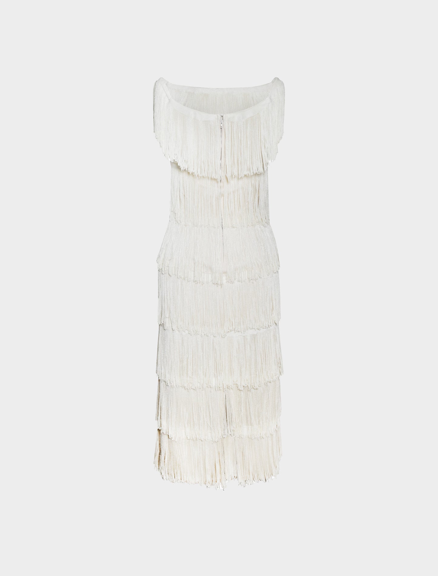 Loris Azzaro 1970s White Silk Knit Fringed Tiered Dress