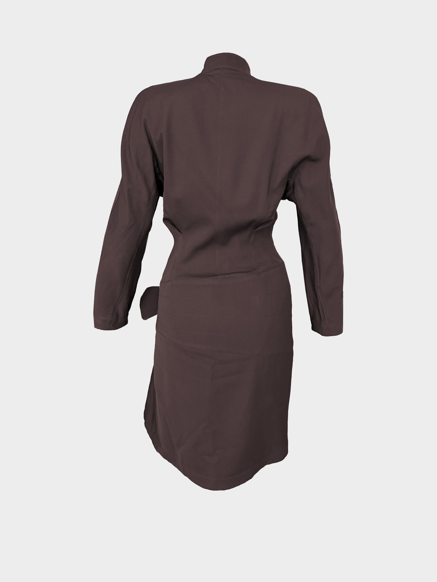 Thierry Mugler 1990s Dark Brown Wool Asymmetrical Belted Dress